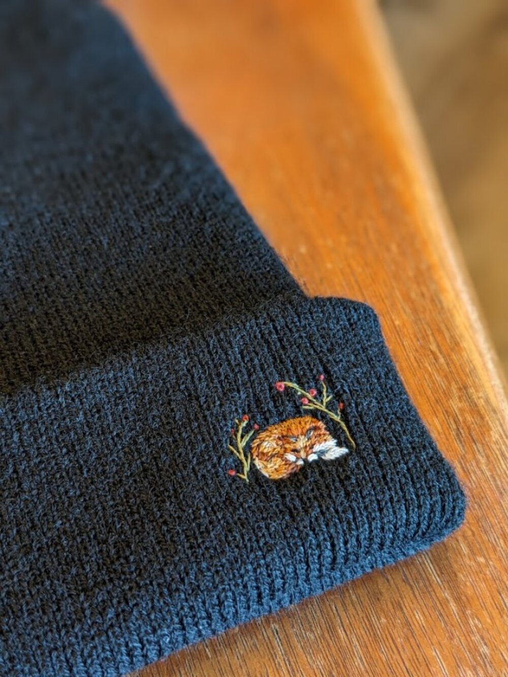 Hand Embroidered Tiny fox Black beanie